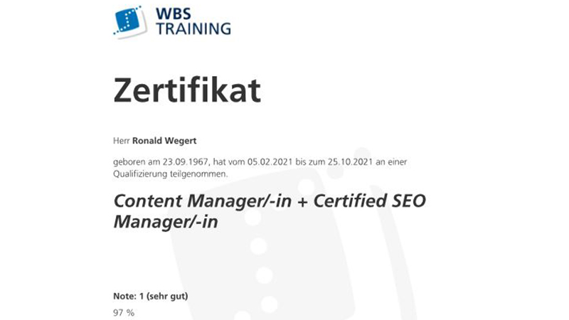WEGWB SEO-Manager und Contentmanager Zertifikat