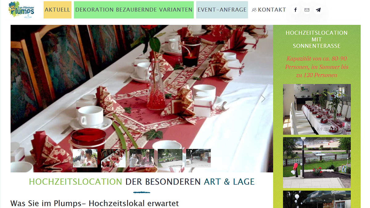 Referenz Webseite--zum Fläminger Plumps-Hochzeitslocation-erstellt von wegwb-Webdesign